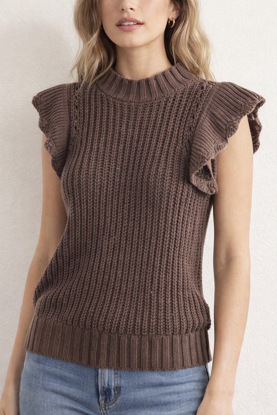 Evereve Ruffle Flutter Cap Short Sleeve Crewneck Sweater Brown XS